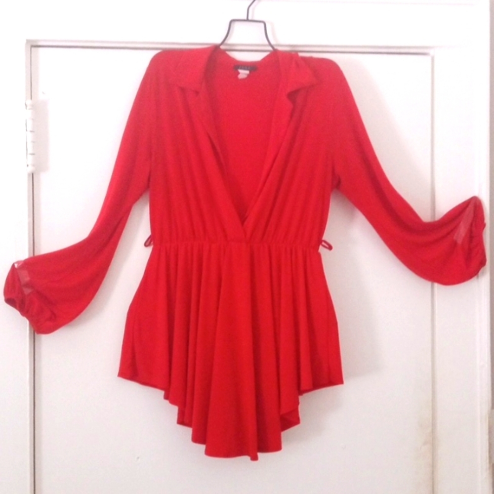 RED EVENING DRESS W/ BUILT IN LEOTARD. JADE BRAND (LARGE). HIGH,ONHIPS LOW,ONDIP